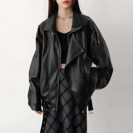 PU レザージャケット フェイクレザー ジップアップ ライダースジャケット ライトアウター ブルゾン オーバーサイズ ゆったり ルーズ レトロ カジュアル DTCA-976311479402