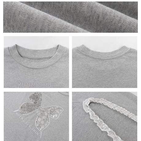 Tシャツ スパンコール バタフライ 蝶 レース スリット キラキラ トップス ルーズ 半袖 レトロ 韓国ファッション レディース 大人可愛い ガーリー DTC-797869272696