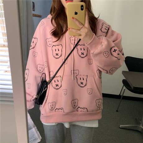 パーカー クマちゃん プラスベルベット プルオーバー 韓国ファッション レディース ルーズ ゆったり カジュアル ストリート系 DTC-632243442587