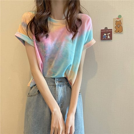 タイダイ柄 Tシャツ 薄手 半袖 トップス ショート丈 へそ出し 絞り染め レトロ 韓国ファッション レディース 大人可愛い ガーリー カジュアル DTC-646133929852