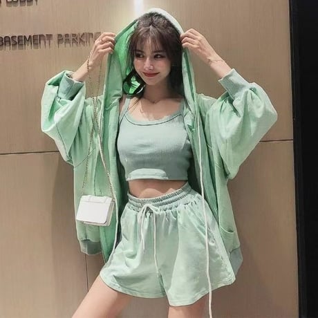 セットアップ 3点セット ジップアップ パーカー ショートパンツ キャミソール 上下セット 薄手 ルーズ レトロ 大人可愛い ガーリー カジュアル スポーツミックス DTCA-660018365532