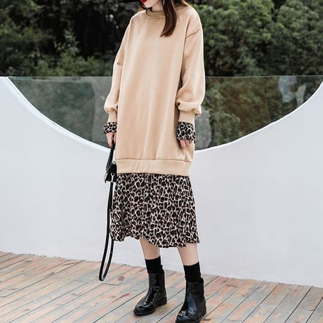 レディース レオパード フリルポイント ドッキングワンピース ロング丈 フレアスカート レイヤード風 重ね着風 韓国ファッション オルチャン (DCT-581221757538)