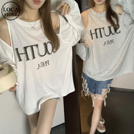 【2カラー】 Tシャツ オープンショルダー 肩開き 長袖 カットソー ショルダーカット レトロ 韓国ファッション レディース 大人可愛い ガーリー カジュアル DTC-674364573182