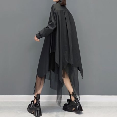 ロングシャツ シャツワンピース チュール シャツ ワンピース アシンメトリー ルーズ 長袖 レトロ 韓国ファッション レディース 大人可愛い ガーリー DTC-653970172988