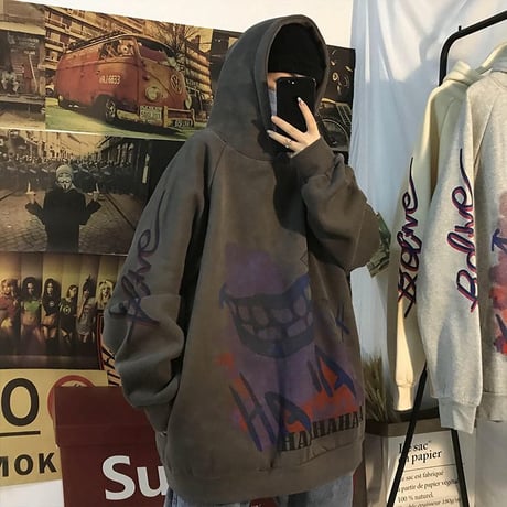 ユニセックス パーカー プルオーバー 裏起毛 韓国ファッション メンズ レディース 落書き ペイント プリント オーバーサイズ ストリート (DTC-607518859009)