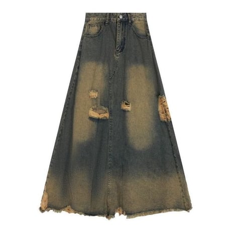 デニムスカート ヴィンテージ風 ダメージ加工 フリンジ 切りっぱな裾 Aライン ハイウエスト デニム ロングスカート レトロ 大人可愛い ガーリー カジュアル DTCA-738580370386