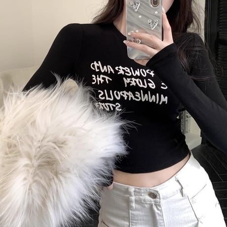 肩パッド付き ロンT スリムフィット ベルベット レタープリント トップス tシャツ ショート丈 長袖 レトロ 韓国ファッション レディース 大人可愛い ガーリー DTCA-845799906745