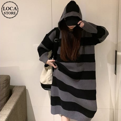 ボーダー柄 フード付き ニットワンピース ロング丈 ニット 長袖 ゆったり ルーズ レトロ 韓国ファッション レディース 大人可愛い ガーリー カジュアル DTC-663533210883