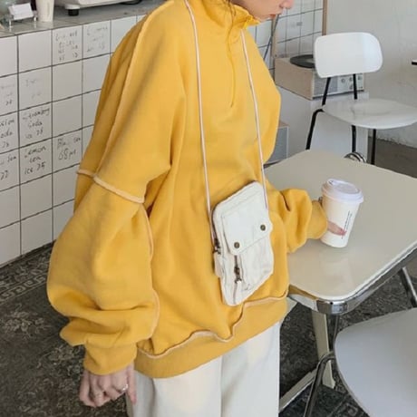 トレーナー ハイネック ハーフジップ プルオーバー ドロップショルダー 大きめ オーバーサイズ 長袖  大人可愛い ガーリー カジュアル ストリート系 DTC-655076992467