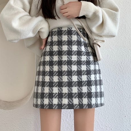 チェック柄 ウール混 タイトミニスカート 韓国ファッション レディース ミニスカート ハイウエスト 大人可愛い ガーリー DTC-630293926918