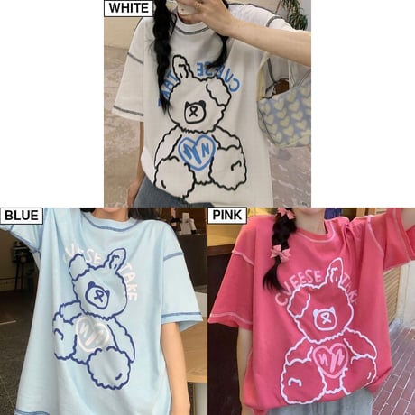 Tシャツ 半袖 クマちゃん ベアー ラウンドネック オーバーサイズ 韓国ファッション レディース 大きめ カジュアル ストリートファッション DTC-643069916522