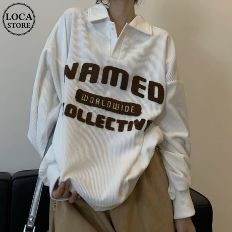 コーデュロイ トップス プルオーバー 襟付き ボアロゴ 長袖 レトロ 韓国ファッション レディース カジュアル ストリート系ファッション DTC-656796001733