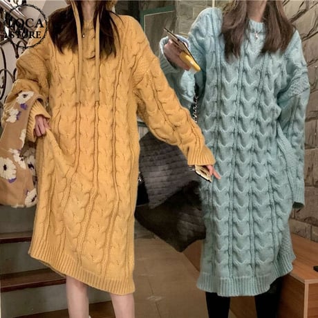 ケーブル編み ニットワンピース ロング丈 ニット 長袖 ゆったり クルーネック ルーズウエスト 韓国ファッション レディース カジュアル 大人可愛い ガーリー DTC-665138187843