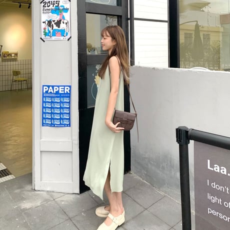 キャミワンピース ロング丈 ノースリーブ ルーズウエスト スリット 韓国ファッション レディース スリングワンピース 大人可愛い ガーリー DTC-641050941433