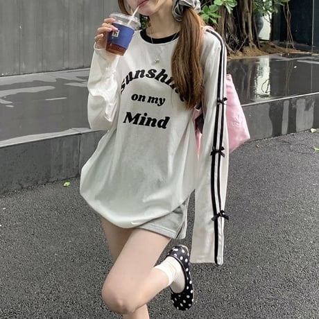 袖ライン リボン tシャツ レタープリント オーバーサイズ ロンt サイドライン トップス 長袖 レトロ 韓国ファッション レディース 大人可愛い ガーリー DTC-798807583548