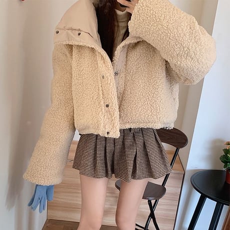 アプリコット リバーシブル ブルゾン フェイクラムウール ショート丈 2way ボアブルゾン 防寒 レトロ 韓国ファッション レディース 大人可愛い ガーリー DTC-752712482016AC