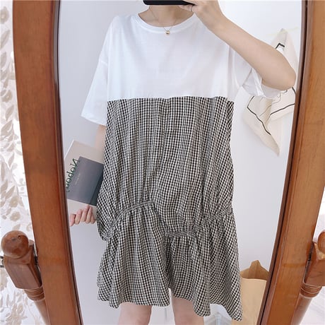 レディース Tシャツ切り替えワンピース ドッキングワンピース チェック フレアワンピース バイカラー ガーリー 韓国ファッション (DCT-594840232030)