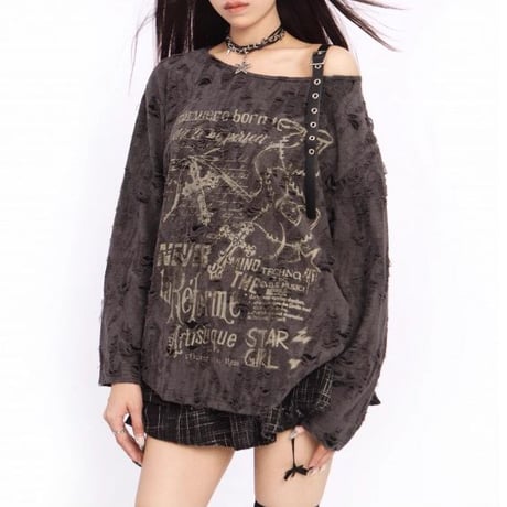ワンショルダー ダメージ加工 トップス ストラップ tシャツ グラフィックプリント オーバーサイズ ロンt 長袖 韓国ファッション レディース 大人可愛い ガーリー DTCA-822110064294
