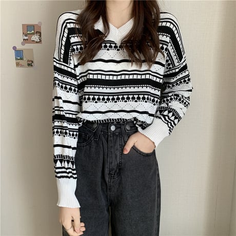 ニットセーター ジャカード Vネック ショート丈 長袖 ルーズ レトロ 韓国ファッション レディース 大人可愛い ガーリー DTC-658384210039