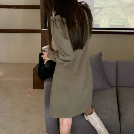 シャツワンピース フリル ハート ハイウエスト ポロカラー ワンピース aライン 長袖 レトロ 韓国ファッション レディース 大人可愛い ガーリー フェミニン DTC-666262271066