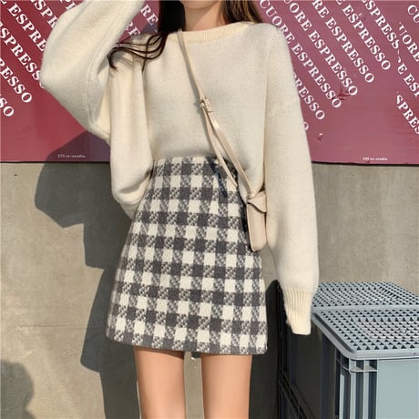 チェック柄 ウール混 タイトミニスカート 韓国ファッション レディース ミニスカート ハイウエスト 大人可愛い ガーリー DTC-630293926918