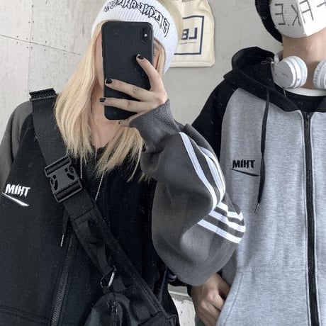 【3カラー】 ユニセックス パーカー ジップアップ バイカラー 裏起毛 ルーズ ライン入り 韓国ファッション メンズ レディース カジュアル ストリート系 DTC-627099735837