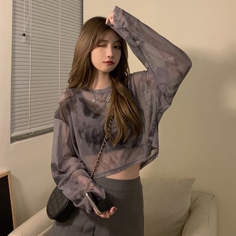 【2カラー】 2点セット タイダイ シアーTシャツ キャミソール付き  ショート丈 ルーズ シースルー 韓国ファッション レディース 大人可愛い ガーリー カジュアル DTC-649079428397