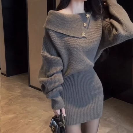 ニットワンピース オフショルダー タイト ゴールドボタン リブワンピース ミニワンピース 長袖 レトロ 大人可愛い ガーリー DTCA-965955543768