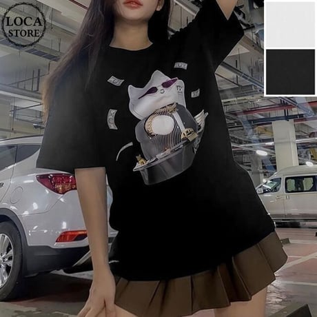 【2カラー】 ユニセックス Tシャツ 半袖 成金猫 オーバーサイズ 大きめ カジュアル 韓国ファッション メンズ レディース 韓国ストリートファッション DTC-647207442491
