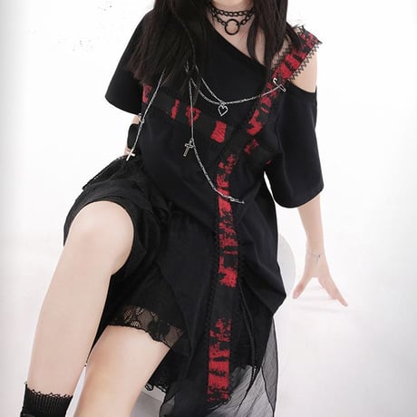 ワンショルダー Tシャツ ストラップ チェーン付き 肩出し トップス アシンメトリー ルーズ 半袖 Y2K レトロ 韓国ファッション レディース 大人可愛い ガーリー DTC-800436724194