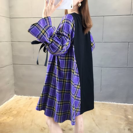 フェイクレイヤード ドッキング ワンピース チュニック チェック×Tシャツ 長袖 韓国ファッション レディース ラウンドネック ランタンスリーブ (DTC-604223705546)