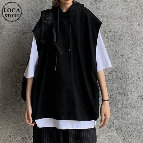 フェイクレイヤード フードベスト ＆ Tシャツ 半袖 ストリートファッション カジュアル 韓国ファッション レディース パーカーベスト ストリート系 DTC-617309764616