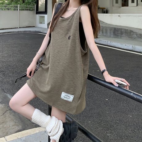 タンクトップ オーバーサイズ タンクワンピース ノースリーブ トップス ロゴ ゆったり レトロ 韓国ファッション レディース 大人可愛い ガーリー カジュアル DTC-803416289673