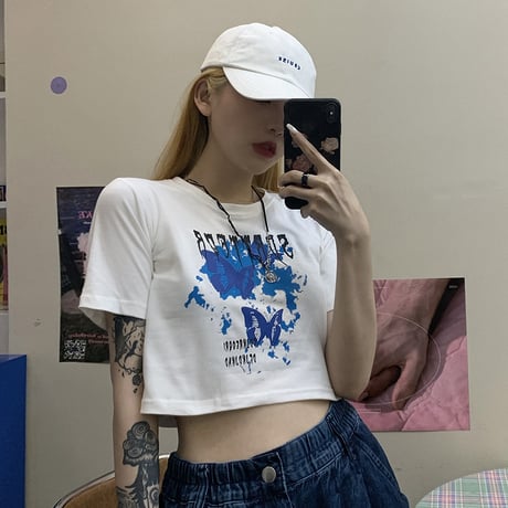 【2カラー】 Tシャツ バタフライ柄 クロップド丈 ショート丈 半袖 へそ出し レトロ 韓国ファッション レディース 大人可愛い ガーリー カジュアル ストリート系 DTC-618819881271