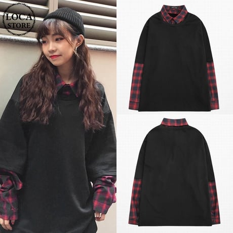 ユニセックス メンズ レディース カットソー レイヤード風 Tシャツ チェック柄シャツ ネルシャツ ドッキング オーバーサイズ オルチャン 韓国 韓国ファッション (DTC-583286459353)