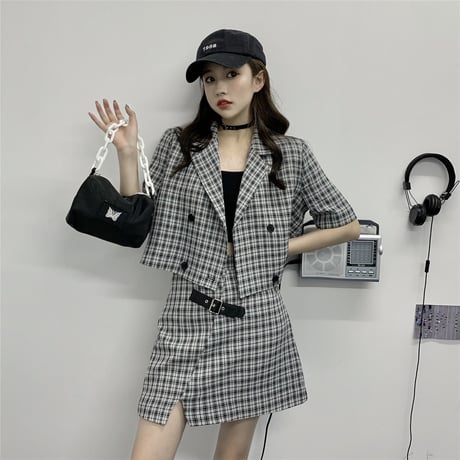 セットアップ チェック柄 ジャケット ＋ スカート 韓国ファッション レディース セット ギンガムチェック 半袖 ハイウエスト 大人可愛い ガーリー DTC-622804335860