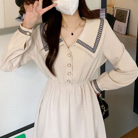 襟付き ワンピース フロントボタン ロング丈 ウエストゴム 長袖 ハイウエスト レトロ 韓国ファッション レディース 大人可愛い ガーリー DTC-657688440052