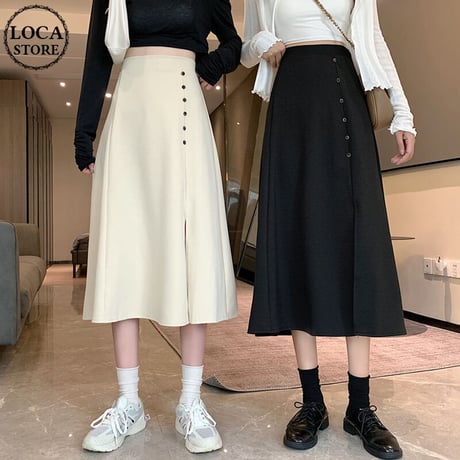 スプリットスカート Aライン ミドル丈 アプリコット ブラック 韓国ファッション レディース スカート クロッチスカート ハイウエスト 大人カジュアル かわいい ガーリー 626634086789