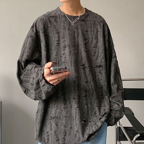 【3カラー】 ユニセックス ダメージ加工 Tシャツ 長袖 オーバーサイズ トップス 韓国ファッション メンズ レディース カジュアル 韓国ストリートファッション DTC-695763372099