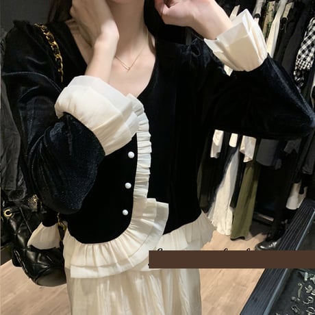 セットアップ フリルブラウス ロングスカート ハイウエスト ウエストゴム 長袖 レトロ 2点セット 韓国ファッション レディース 大人可愛い ガーリー フェミニン DTC-666978749022
