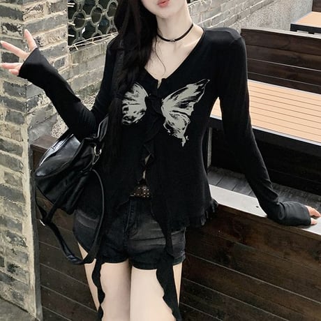トップス 長袖 バタフライ プリント 不規則デザイン Vネック フリル リボン スリムフィット Tシャツ レトロ 韓国ファッション レディース 大人可愛い ガーリー DTCA-828604186140