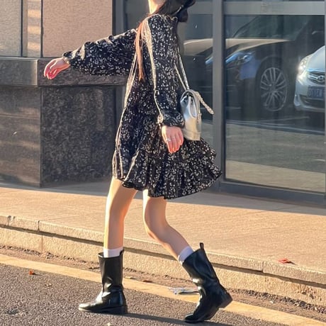 花柄 ワンピース ランタンスリーブ フリル ミニワンピース ゆったりウエスト Aライン ルーズ 長袖 レトロ 韓国ファッション レディース 大人可愛い ガーリー DTC-734739190315
