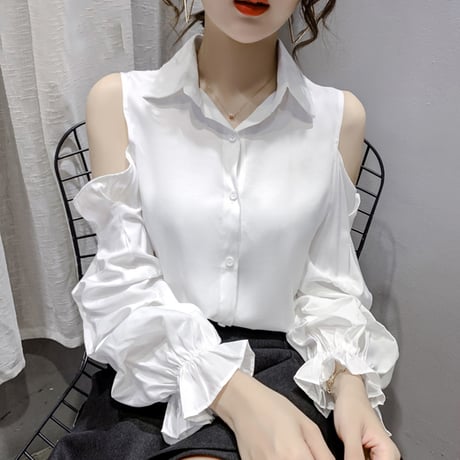 【3カラー】 オープンショルダー ブラウス シャツ 肩出し 肩開き パフスリーブ 長袖 薄手 レトロ 韓国ファッション レディース 大人可愛い ガーリー DTC-637340246907