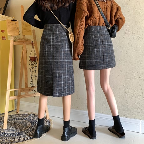 【2点セット】 ミニスカート ＋ ロングスカート 韓国ファッション レディース スカート グレー チェック柄 ハイウエスト タイトスカート ウール レトロ (DTC-605623602308_01)