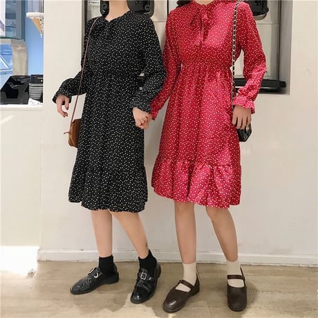 レディース 長袖ワンピース ミモレ丈 ドット柄 ワンピース フレア リボン 韓国ファッション オルチャン (DCT-587243195150)