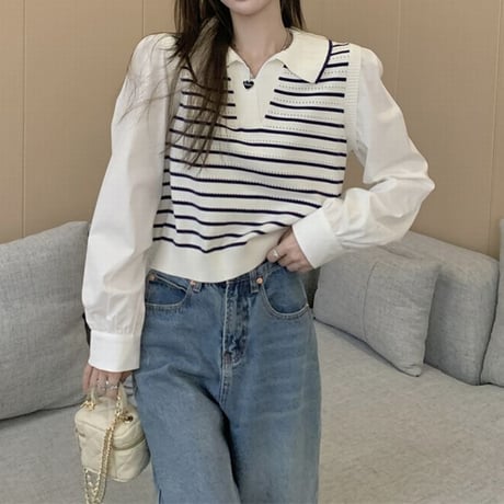 ドッキングトップス ボーダー柄 ニットベスト ブラウス フェイクレイヤード ショート丈 重ね着風 長袖 レトロ 韓国ファッション レディース 大人可愛い ガーリー DTC-679215300569