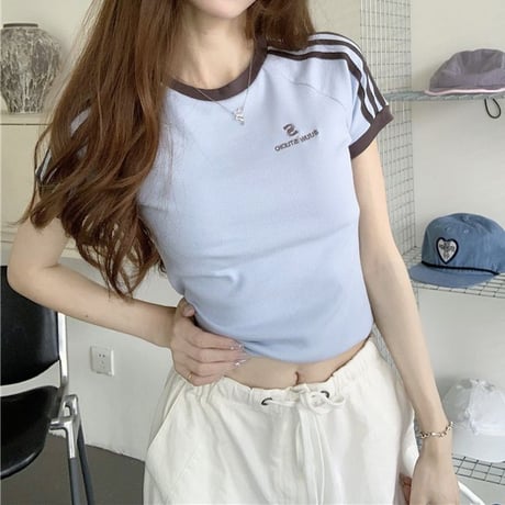 Tシャツ サイドライン スリムフィット トップス 半袖 レトロ 韓国ファッション レディース 大人可愛い ガーリー スポーツミックス カジュアル DTC-800737155571