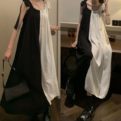 バイカラー キャミワンピース ロングワンピース ノースリーブ ハイウエスト レトロ 韓国ファッション レディース 大人可愛い ガーリー DTC-679346923592