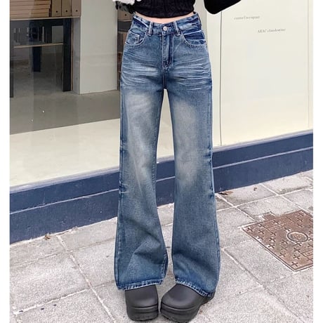 デニムパンツ ブラスト加工 スリム Gパン デニム ドレープ ボトムス ハイウエスト ルーズ パンツ ズボン レトロ 大人可愛い ガーリー カジュアル DTCA-863235522285