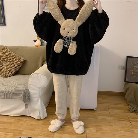 ルームウェア パジャマ セットアップ フリース トップス + パンツ ラビット うさぎ 長袖 上下セット 長袖 韓国ファッション レディース もこもこ ガーリー 627109268664